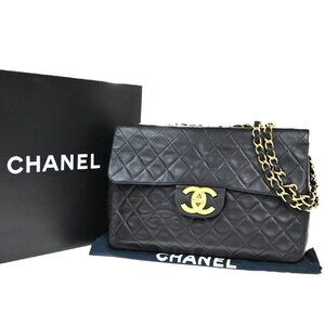 CHANEL Maxi Jumbo Matelasse 34 Chain Shoulder Bag Leather Black Vintage 357RP071
